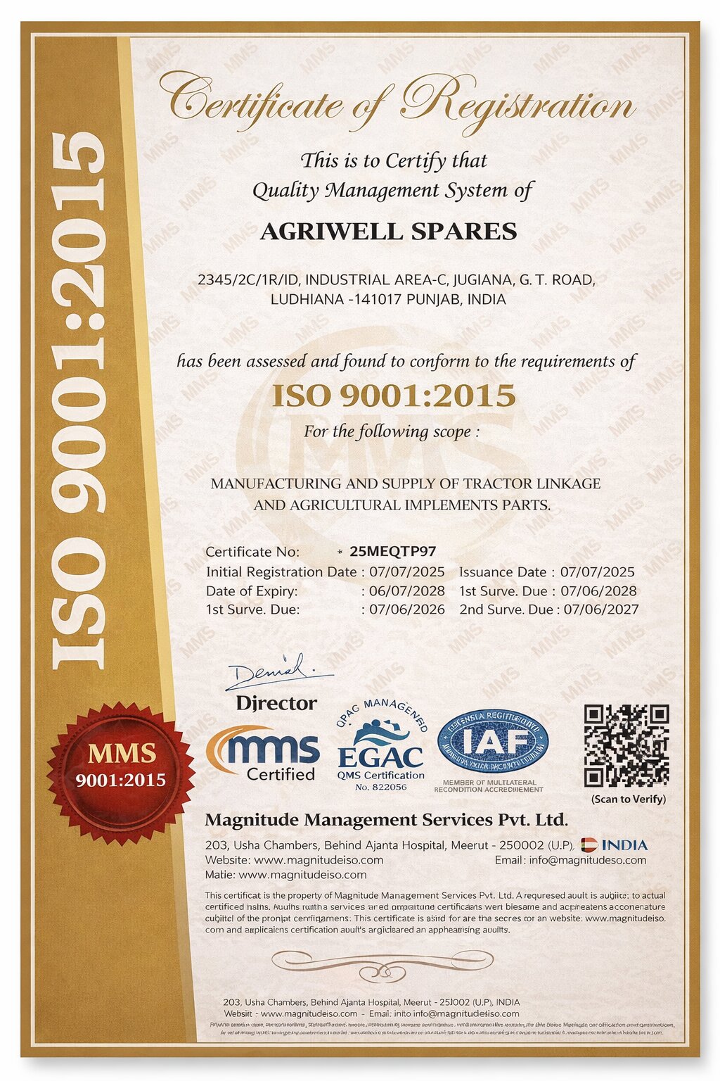 ISO 9001:2015 Certificate - Agriwell Spares